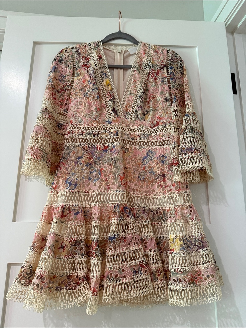 Zimmermann Lace-Trim Floral Mini Dress in Cream and Pink - AU1/US 4-6